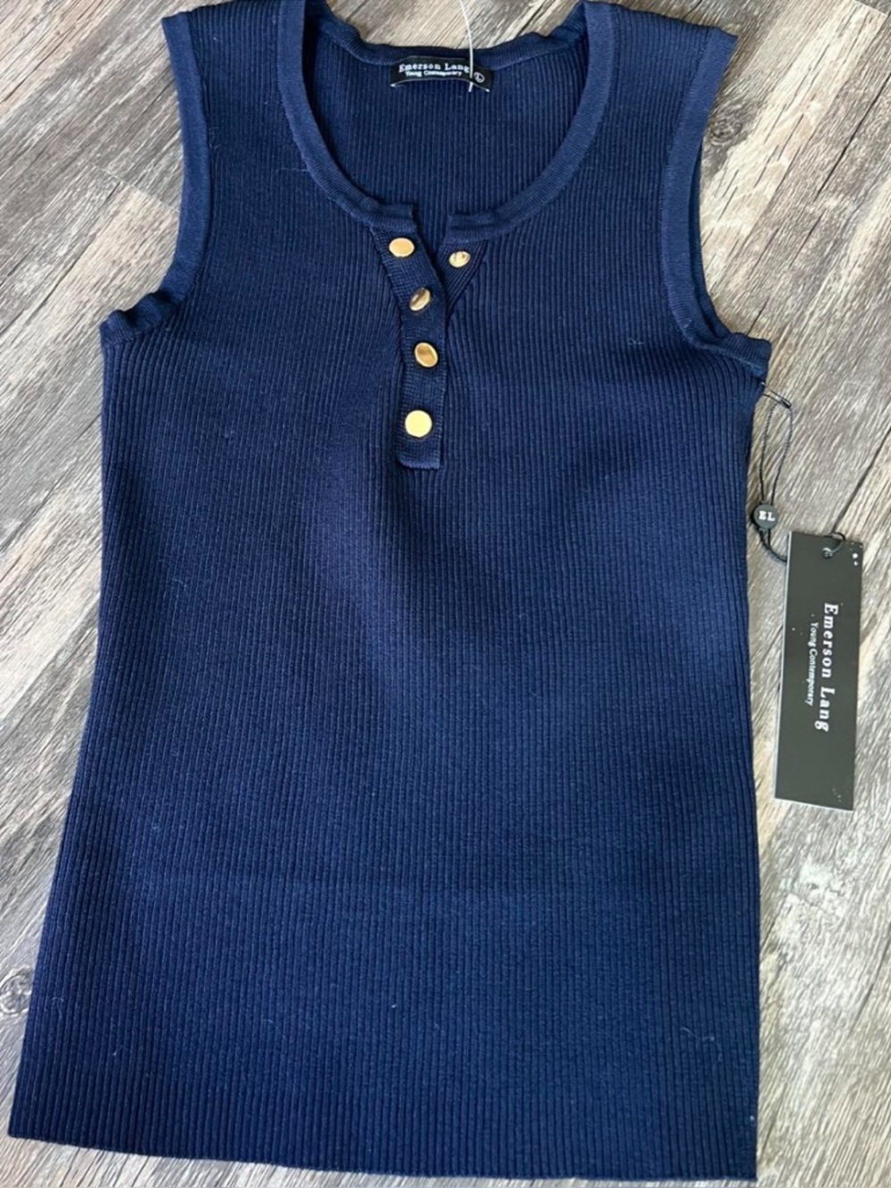 Emerson Lang Navy Ribbed Sleeveless Tank with Buttons